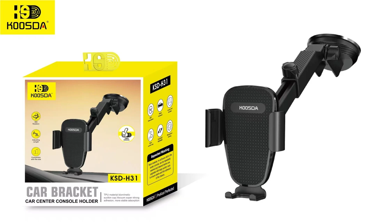 KOOSDA KSD-H31 Car Center Console Holder | Adjustable Arm Phone Mount | TUP Suction Cup for Windshield & Dashboard